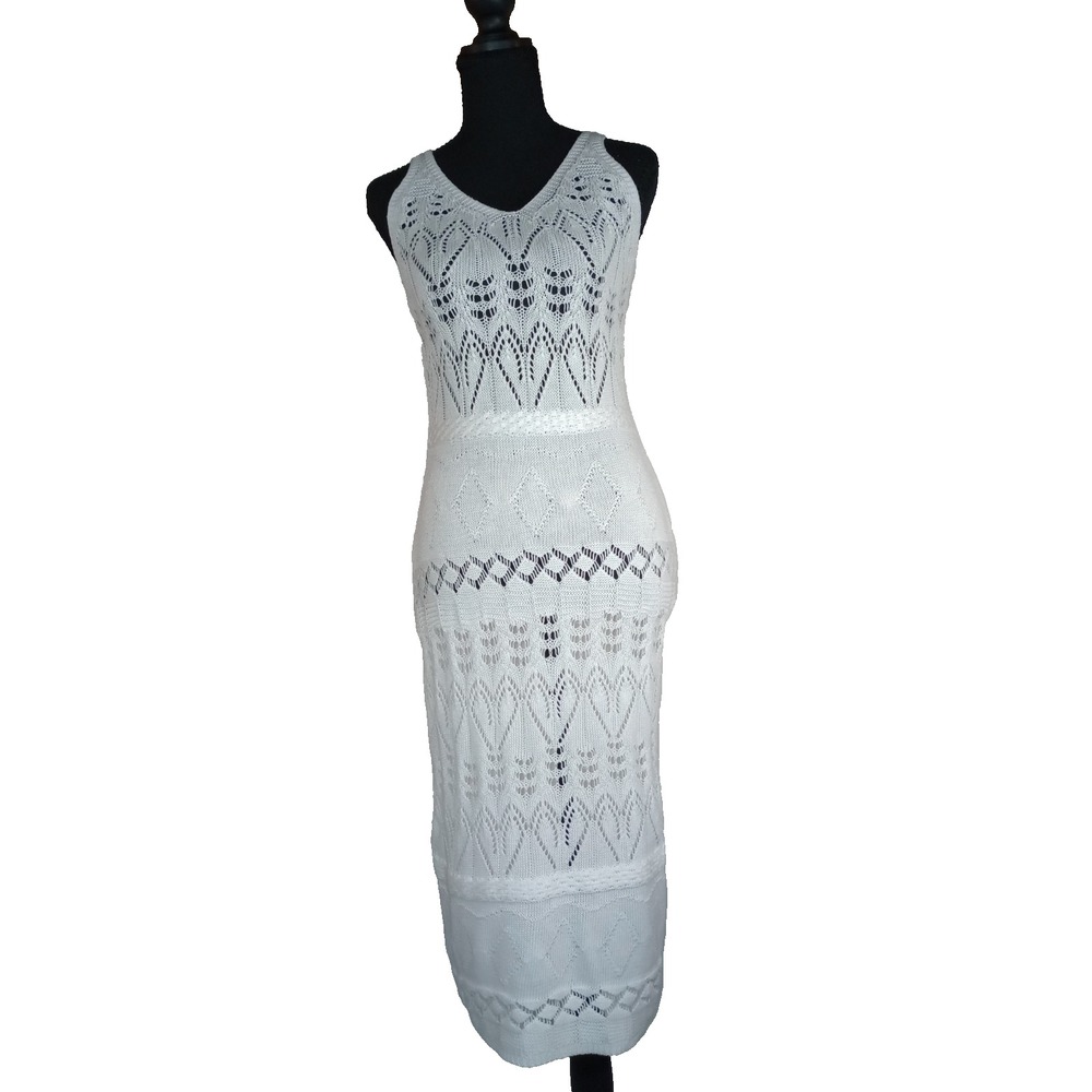 Vintage look Crocheted Cotton Knit White Dress/Cover up Sz Sm/Med Sexy Boho Chic